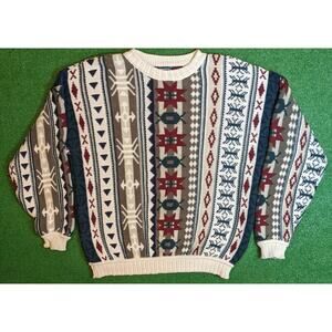 VTG Chaps Ralph Lauren Patchwork Tribal Aztec Hand Knit Sweater M